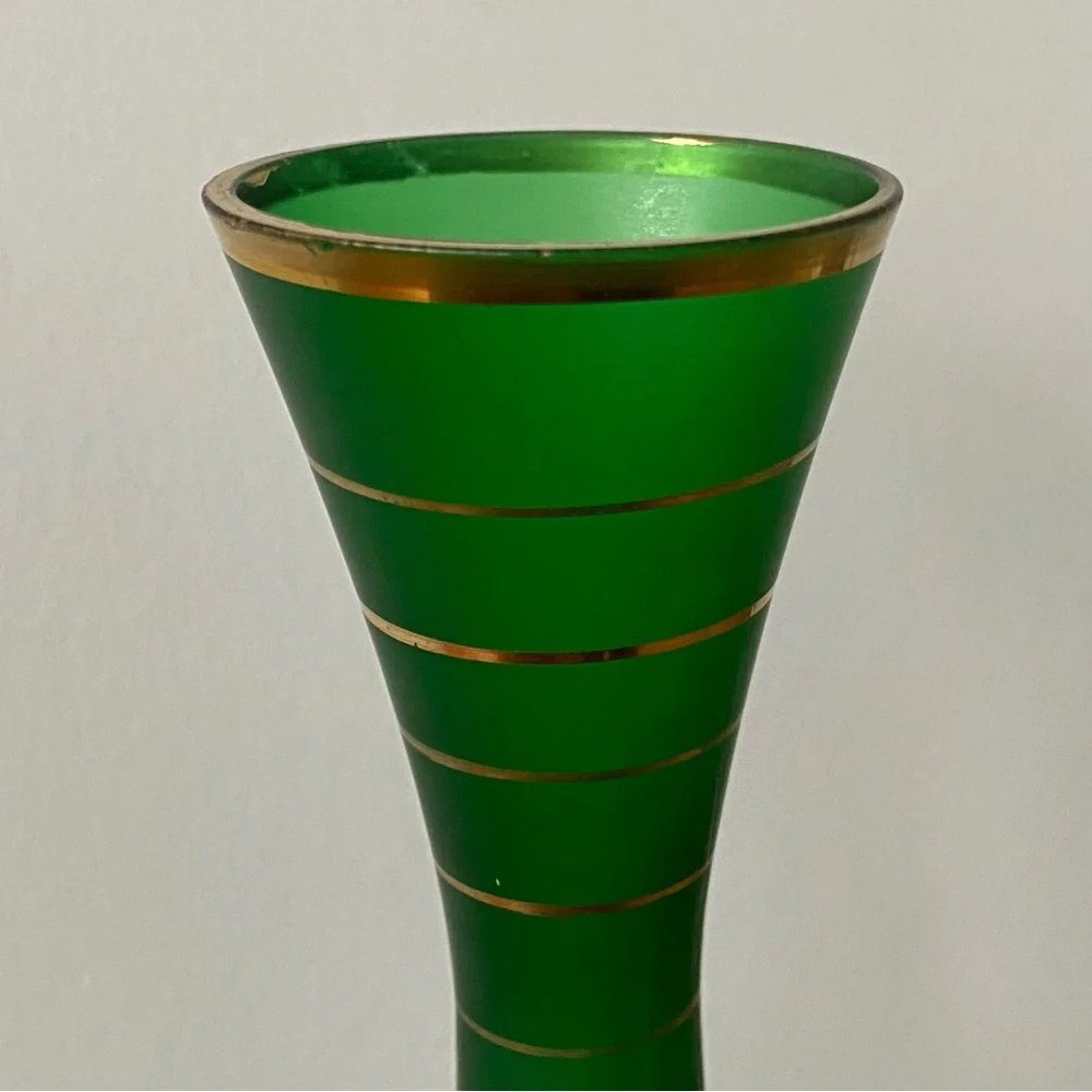 Vintage Green Satin Art Glass Vase Gold Stripes 10” Tall Hourglass Shape Pretty